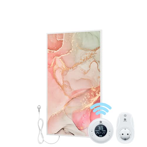 Bringer Bild Infrarotheizung mit Rahmen – Bildheizung mit UV Druck – 60x100x1,8cm – Fluid Art Marmor Optik, rosa