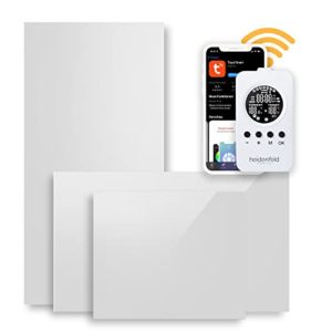 Heidenfeld Infrarot Glasheizung HF-HP120 Schwarz/Weiß + Heidenfeld Thermostat-Fernbedienung - 10 Jahre Garantie - Deutsche Qualitätsmarke - TÜV GS - 300 - 800 Watt - 3 - 19 m² (600 Watt Weiß)